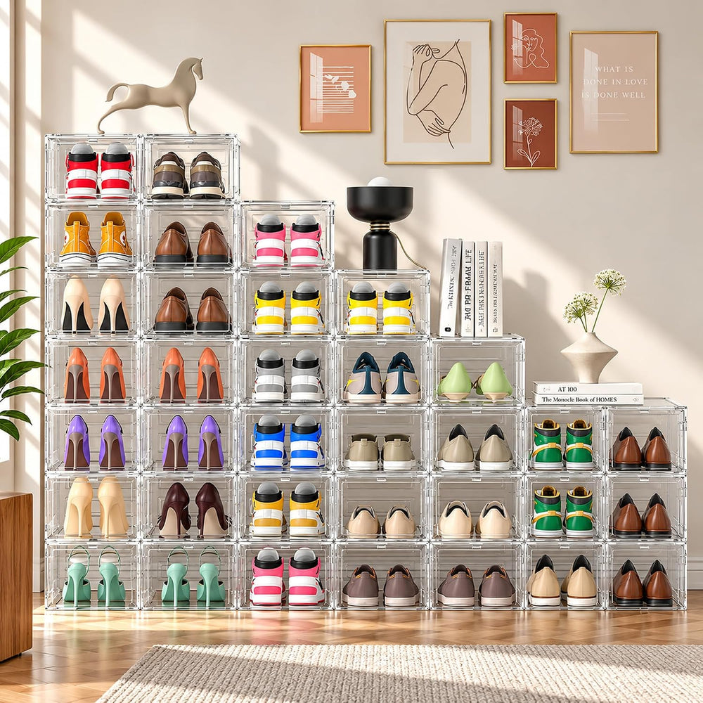 12 Pack Hard Plastic Stackable Clear Shoe Storage Boxes, White