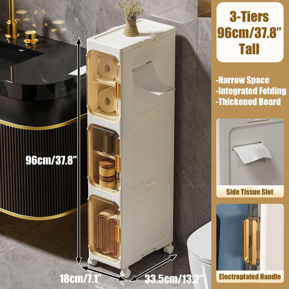 Slim Bathroom Storage Cabinet, Foldable & Movable Narrow Storage Organize...