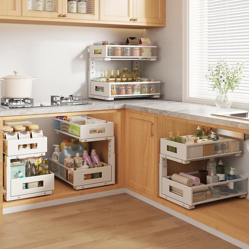 Under Sink Organizer, 2-Tier Dual Pull Out Cabinet Organizer Drawers With Smo...