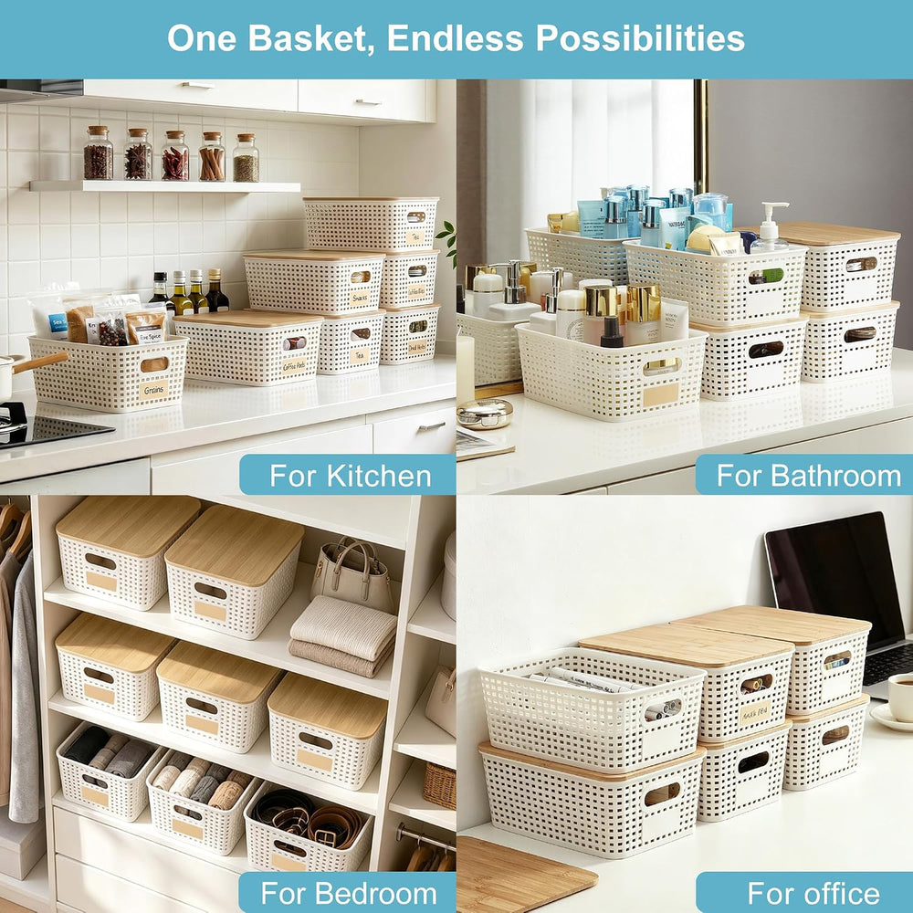 Bagnizer Small Plastic Storage Bins with Bamboo Lids 5.2qt Stackable Box Bask...