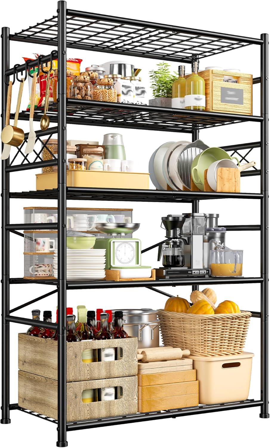 DurayLoly Heavy Duty 5-Tier 1000LBS Metal Shelving with 4 Side Hooks, Black