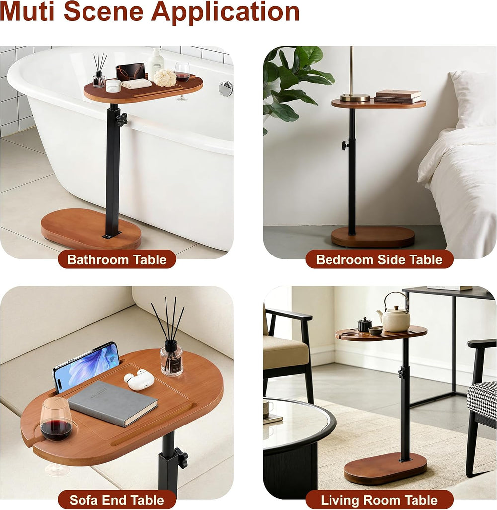 Bamboo Bathtub Side Table, Height Adjustable Bath Caddy Tray