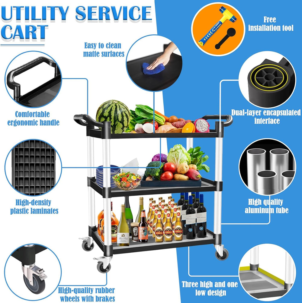 Utility Carts with Wheels, Rolling Kitchen Cart, 3 Tier Cart, Food Service Ca...
