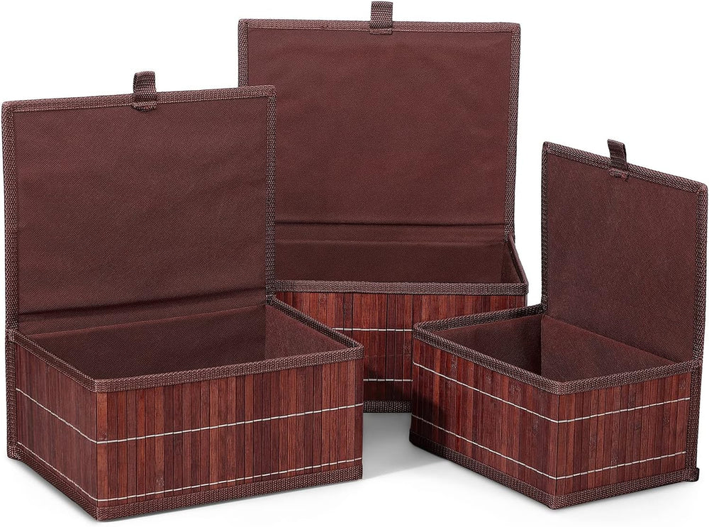 Bamboo Decorative Storage Boxes - Set of 3 Woven Lined Storage Basket with Li...