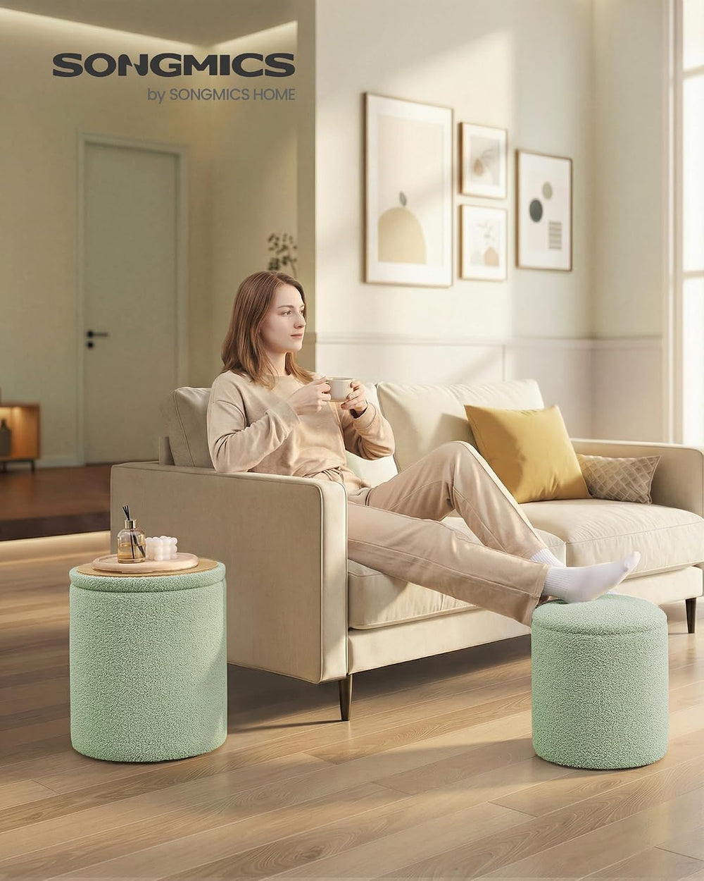 SONGMICS Vanity Stool, Set of 2, Round Storage Ottoman, Teddy Fleece