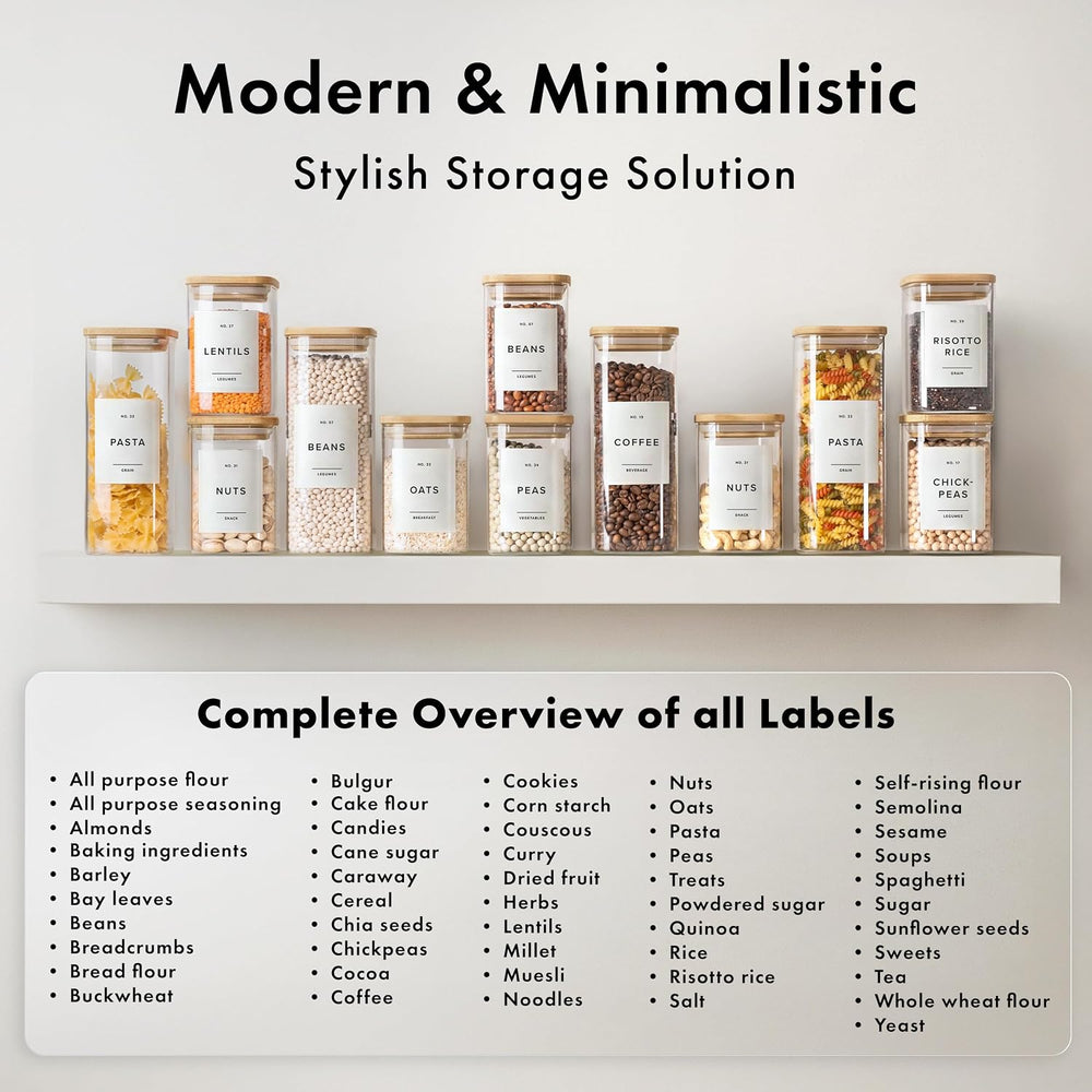 Glass Pantry Storage Jars Containers with Bamboo Lids and Labels