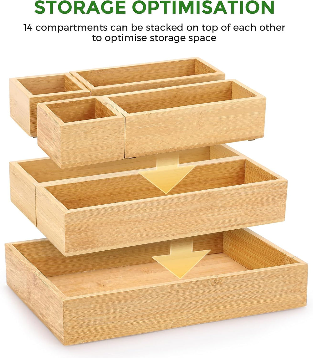 Bamboo Drawer Organizer Set, 14 PCS Wood Storage Organizers