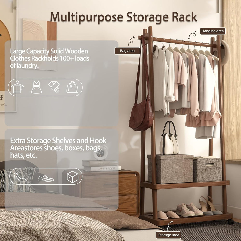 Solid Wood Clothing Rack with Wheels, Garment Rack Shelves, 31.5" Walnut