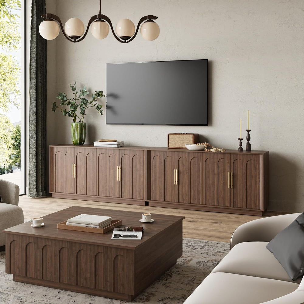FORTUNETEC 67" Sideboard Buffet Cabinet with Storage, Arched Doors, Walnut