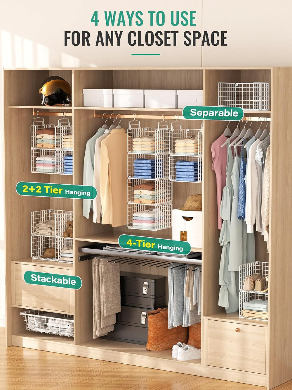 Hanging Closet Organizer, 4 Tier Metal Closet Organizers and Storage with 4 H...