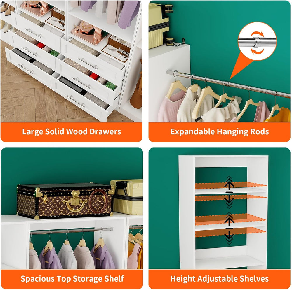 Closet System Set of 4, 8-21FT Closet System with 6 Drawers, 8 Shelves & ...