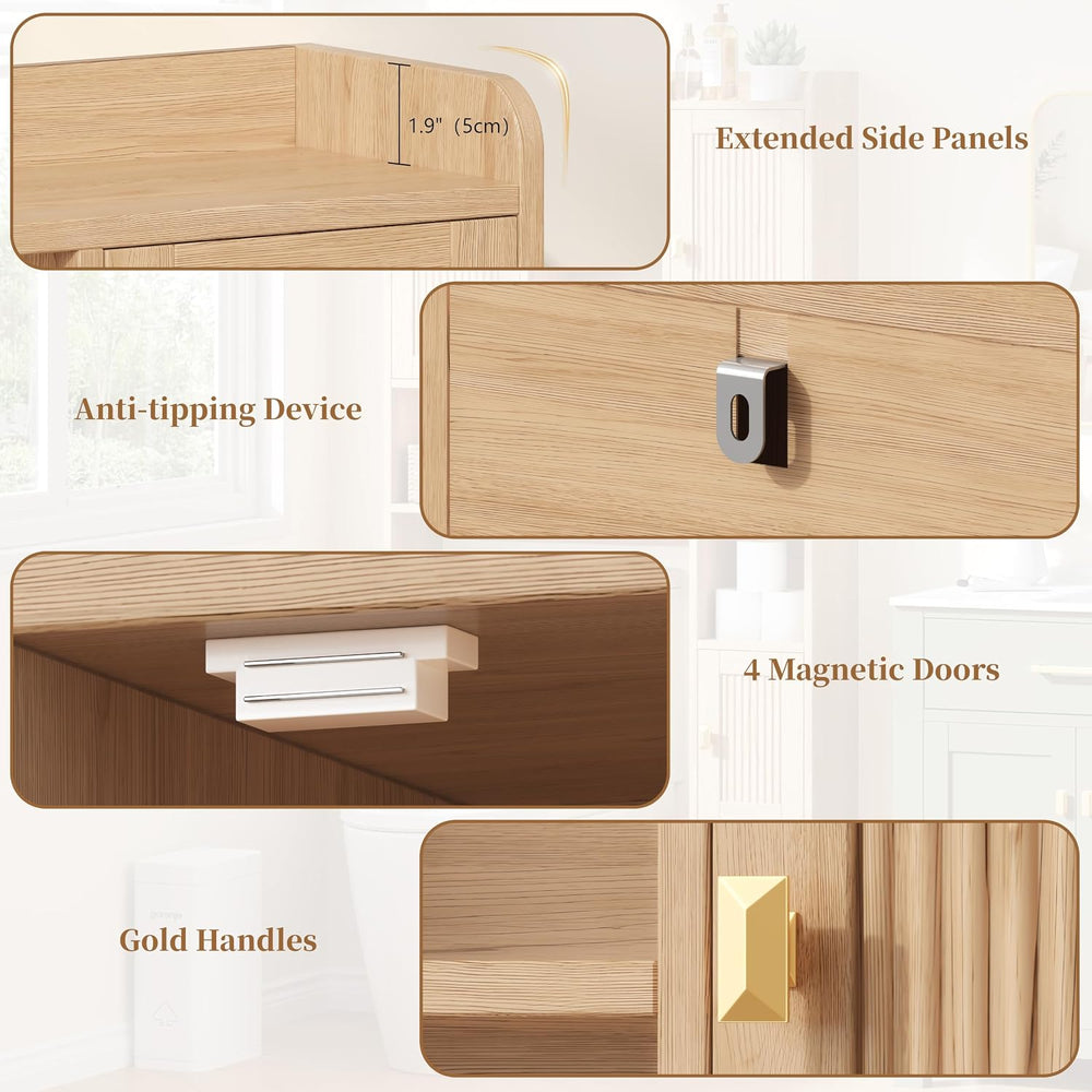 Fluted Over The Toilet Storage Cabinet with 4 Doors, Natural Oak