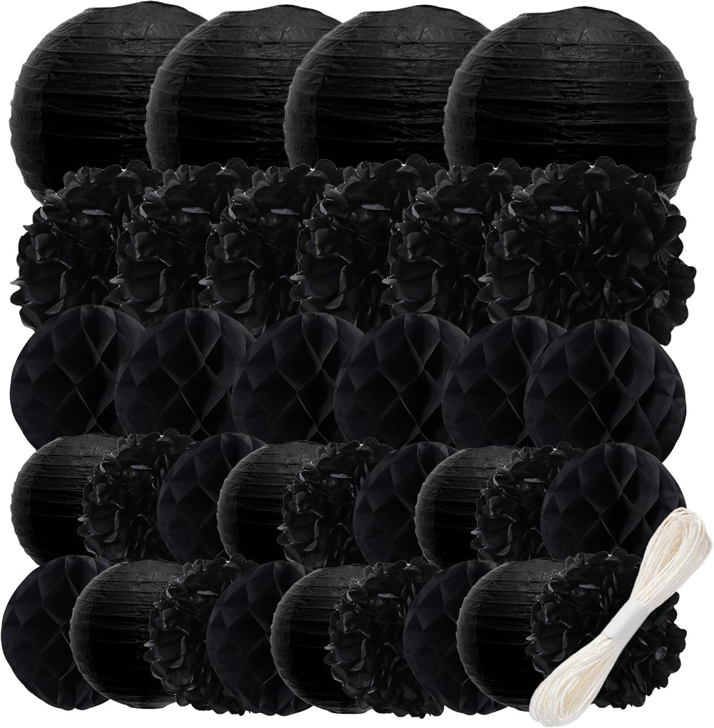 WOLHOWLTD Black Paper Decoration Set - 34 Pcs Paper Lanterns, Pompoms, Honeyc...
