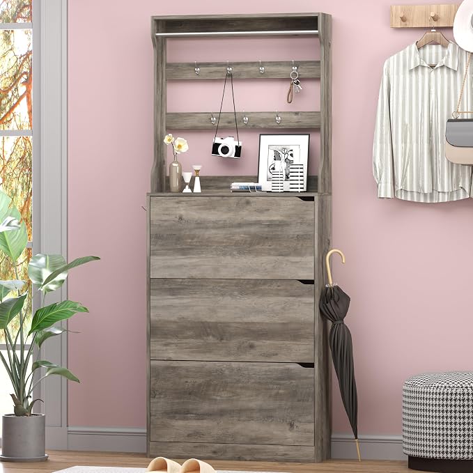 Shoe Cabinet with 3 Flip Drawers & Coat Rack, Narrow Hidden Shoe Storage ...