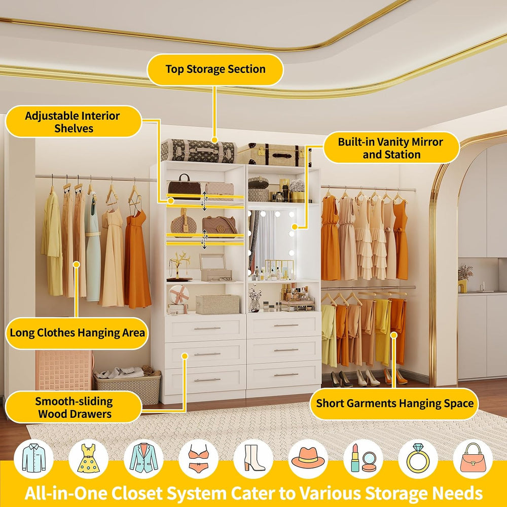 Closet System with 6 Drawers & Mirror, 4-12FT Closet Organizer System wit...