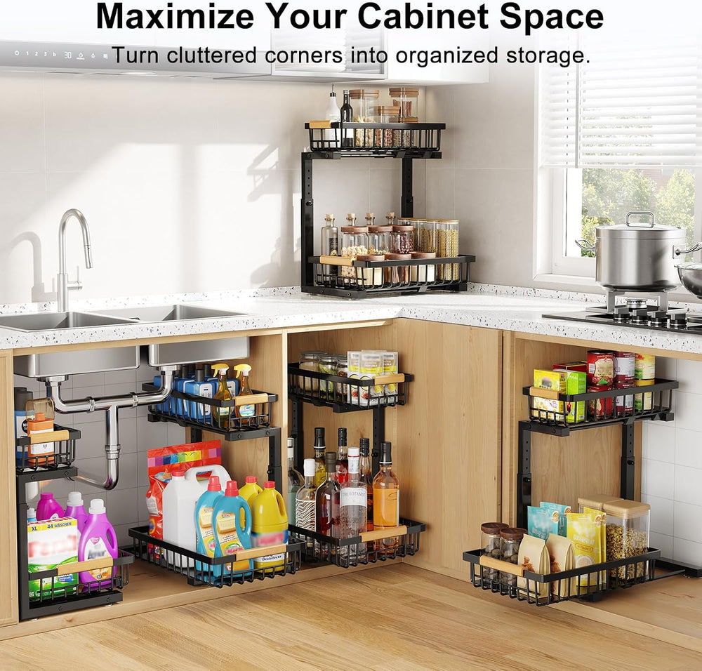 Under Sink Organizer 2 Pack,Adjustable Height 2-Tier Slide Out Drawer,Black
