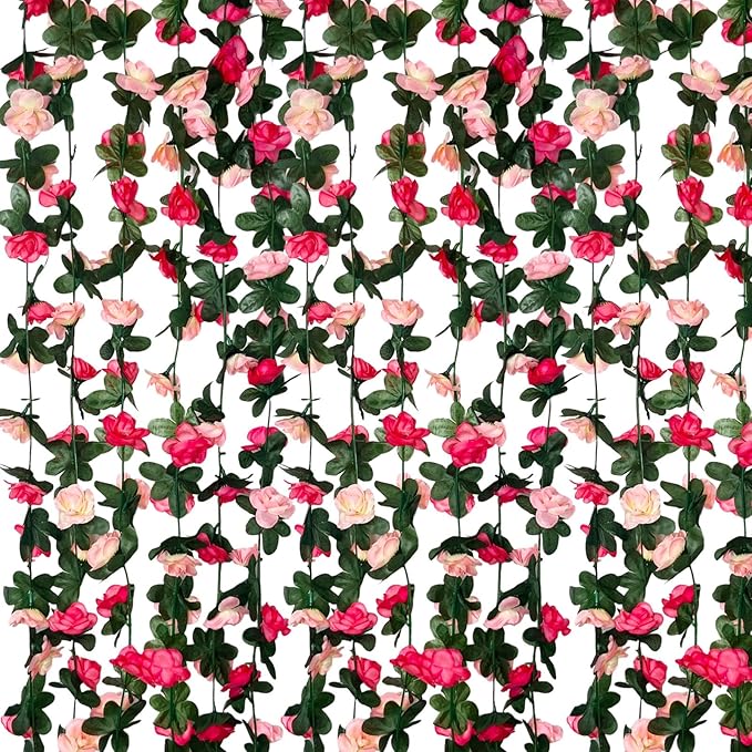 16Pcs 126Ft Pink Rose Garland, Fake Rose Hanging Flowers, Artificial Flower Vine, Hanging Floral Vine Garland for Wedding, Birthday Party, Wall Arch, Halloween, Christmas Garden Backdrop Decor