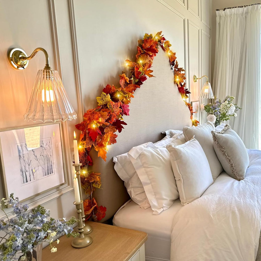 8 Pack Fall Leaf Garland with Lights,Fall Decor Halloween Lights Artificial M...