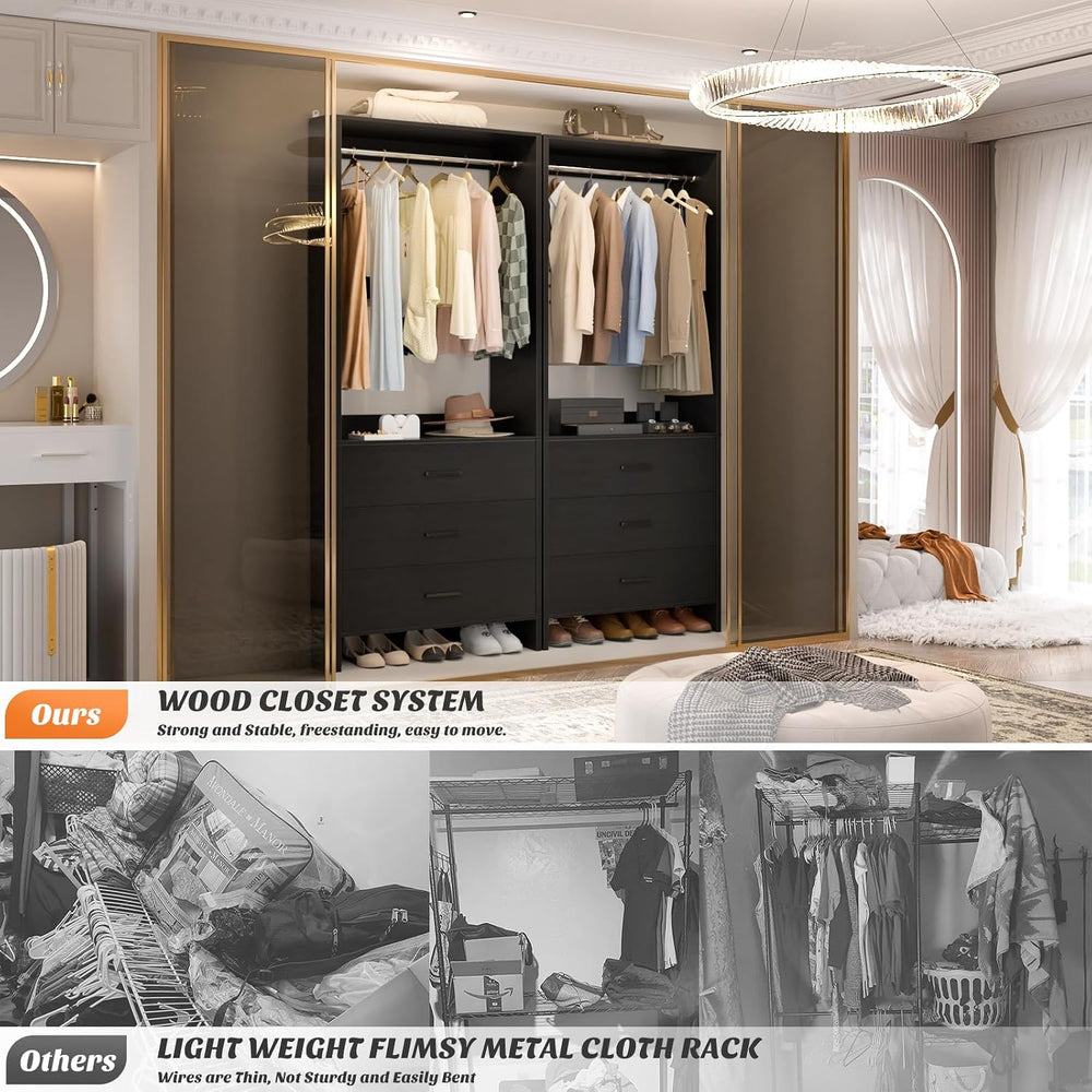 Aheaplus 1.8FT Closet System with 3 Drawers, 21.5’’ Closet Organizer, Black