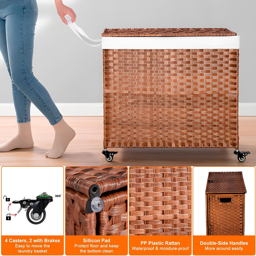 HYCHIKA Laundry Hamper with Lid and Wheels, 42.26 Gallon (160 L) Wicker Laund...