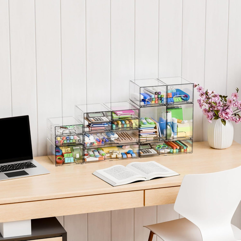8 Pack Small Clear Stackable Storage Drawers,2.2'' Tall Desk Organiza...
