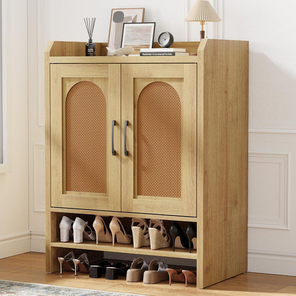 5-Tier Rattan Shoe Cabinet with Doors, 1.2" Thick Hidden Shoe Rack, Natural