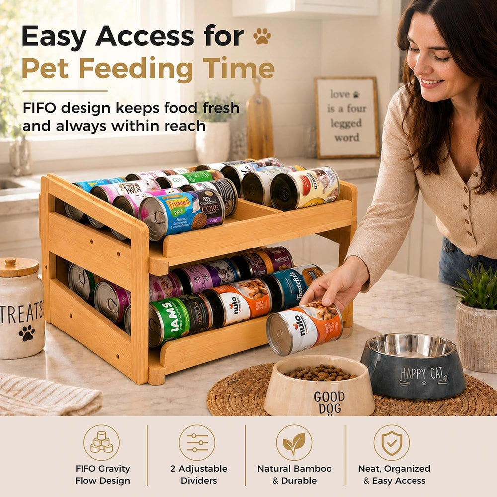 MinBoo Bamboo FIFO Can Organizer for Pantry, 24-Can Gravity Dispenser with Ad...