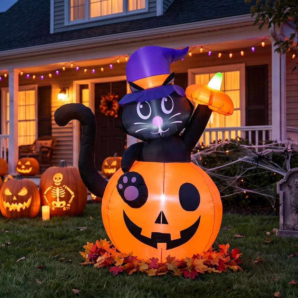 4.5FT Halloween Inflatable Black Cat with Pumpkin Outdoor Decorations, Blow U...