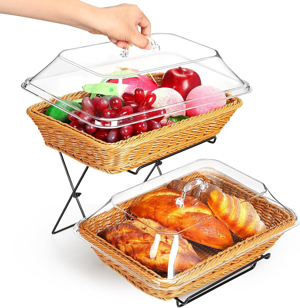 Ziliny 2 Pack Imitation Rattan Plastic Bread Basket, Food Cover with Handle