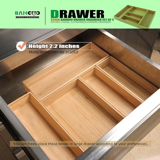 Stack Bamboo Drawer Organizer Set of 5, Kitchen Utensil, Flatware&Silverware