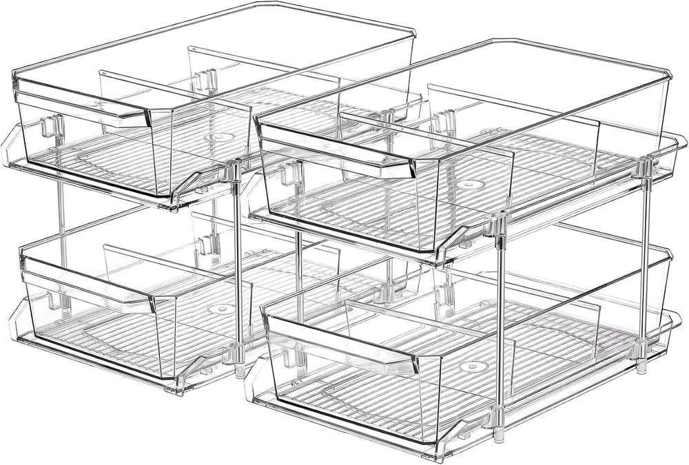 2 Set, 2 Tier Clear Organizer with Dividers for Cabinet, Shlef, Counter - Mul...