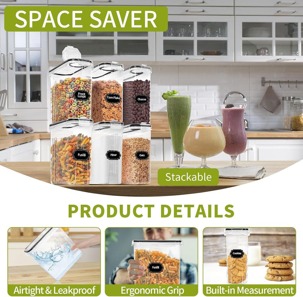 Skroam Cereal Containers Storage of 6 [4L/135.2 oz], Airtight Food Storage Co...