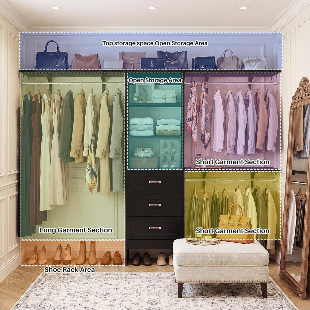 8FT Closet System with 3 Curved Drawers, 96'' Wooden Walk-in Closet O...