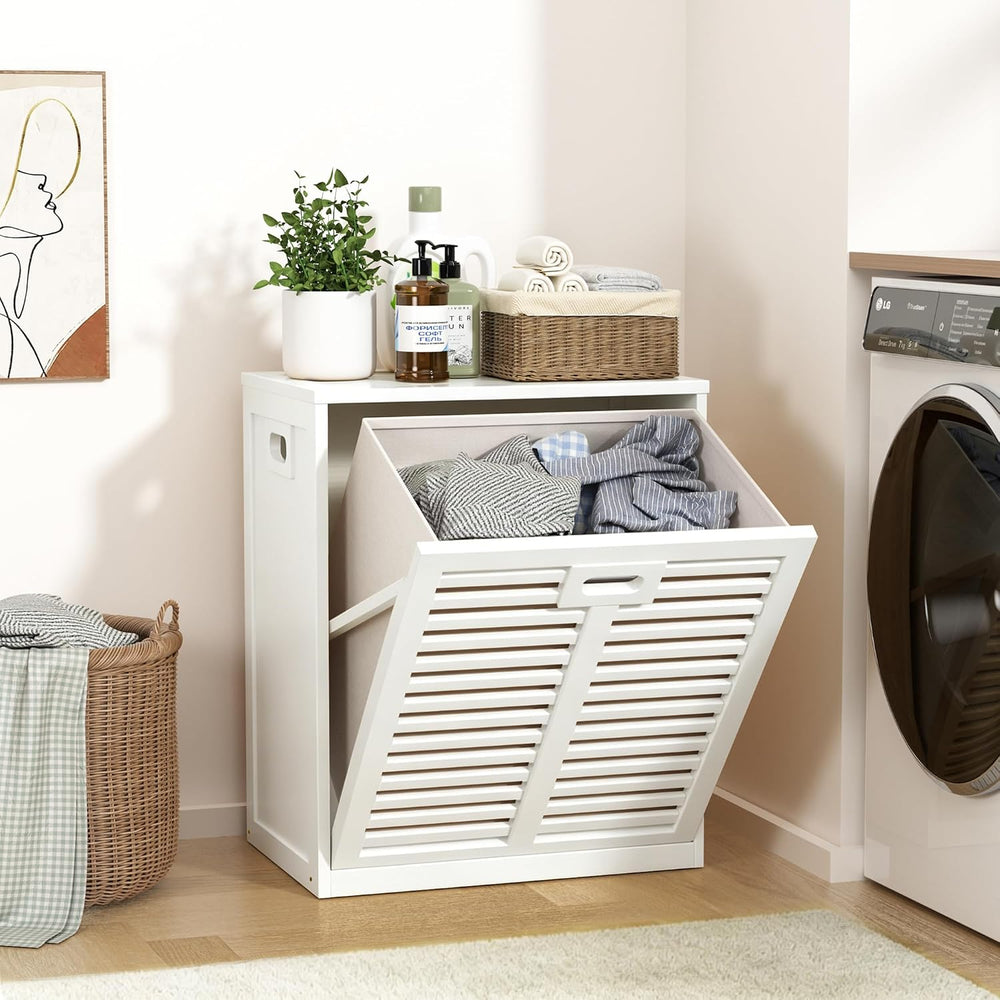 VASMIA Tilt Out Laundry Hamper, Bamboo Laundry Cabinet with Hidden Removable ...