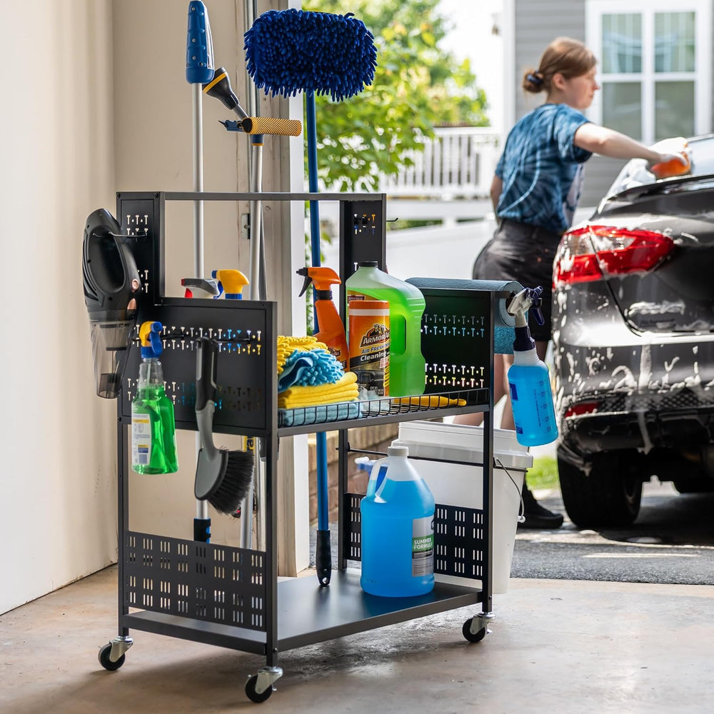 Large Cleaning Caddy with Wheels, 3 Tiered Rolling Cart Auto Detailing Cart, ...