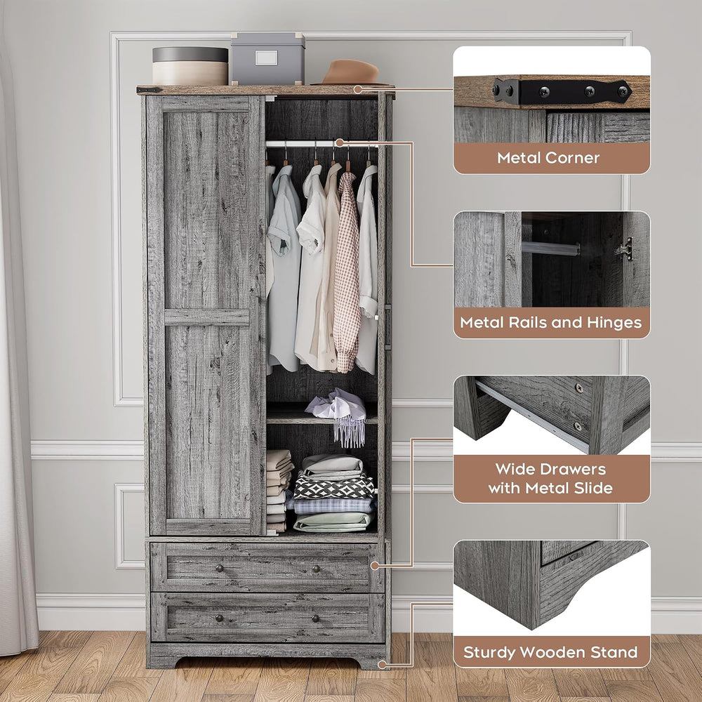 Brafab Wooden Armoire Wardrobe Closet with Drawers, Grey, 71" Tall,Set of 2