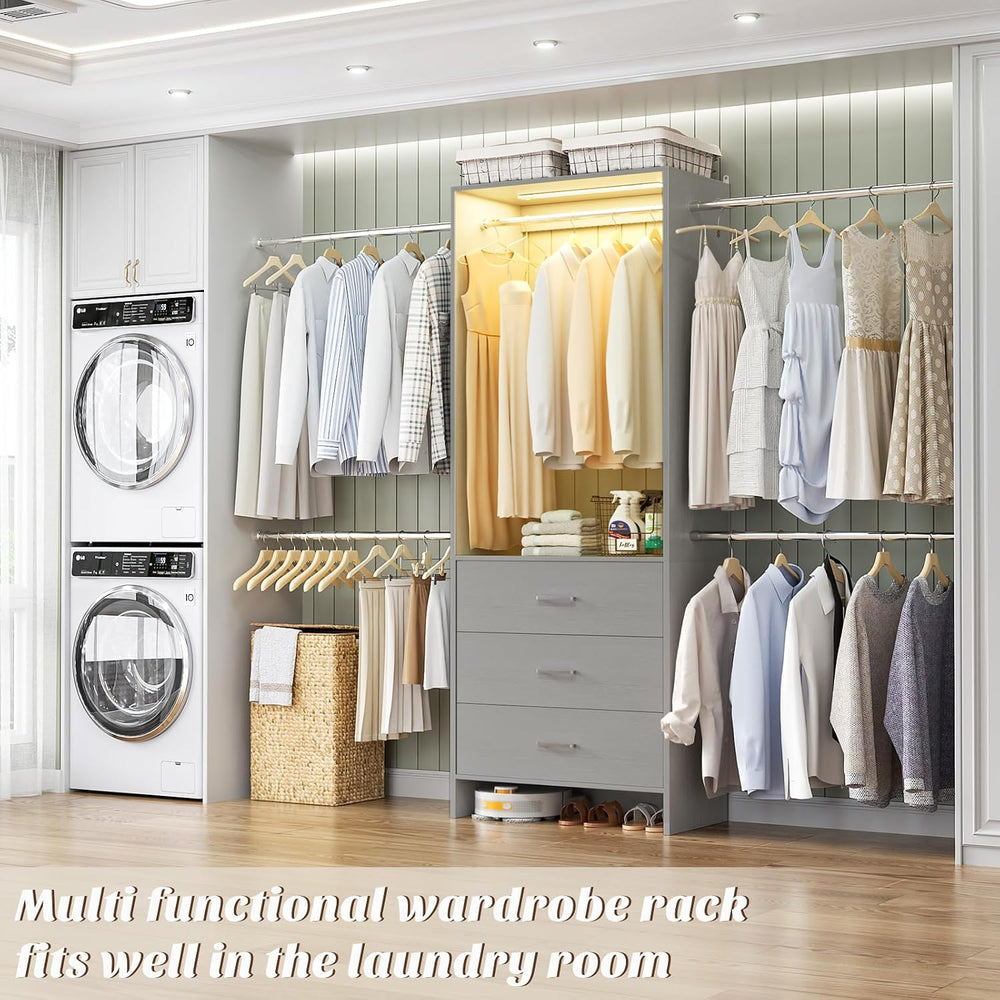 Aheaplus Closet System with Motion-Sensing Light, 3 Wooden Drawers and 4 Hang...