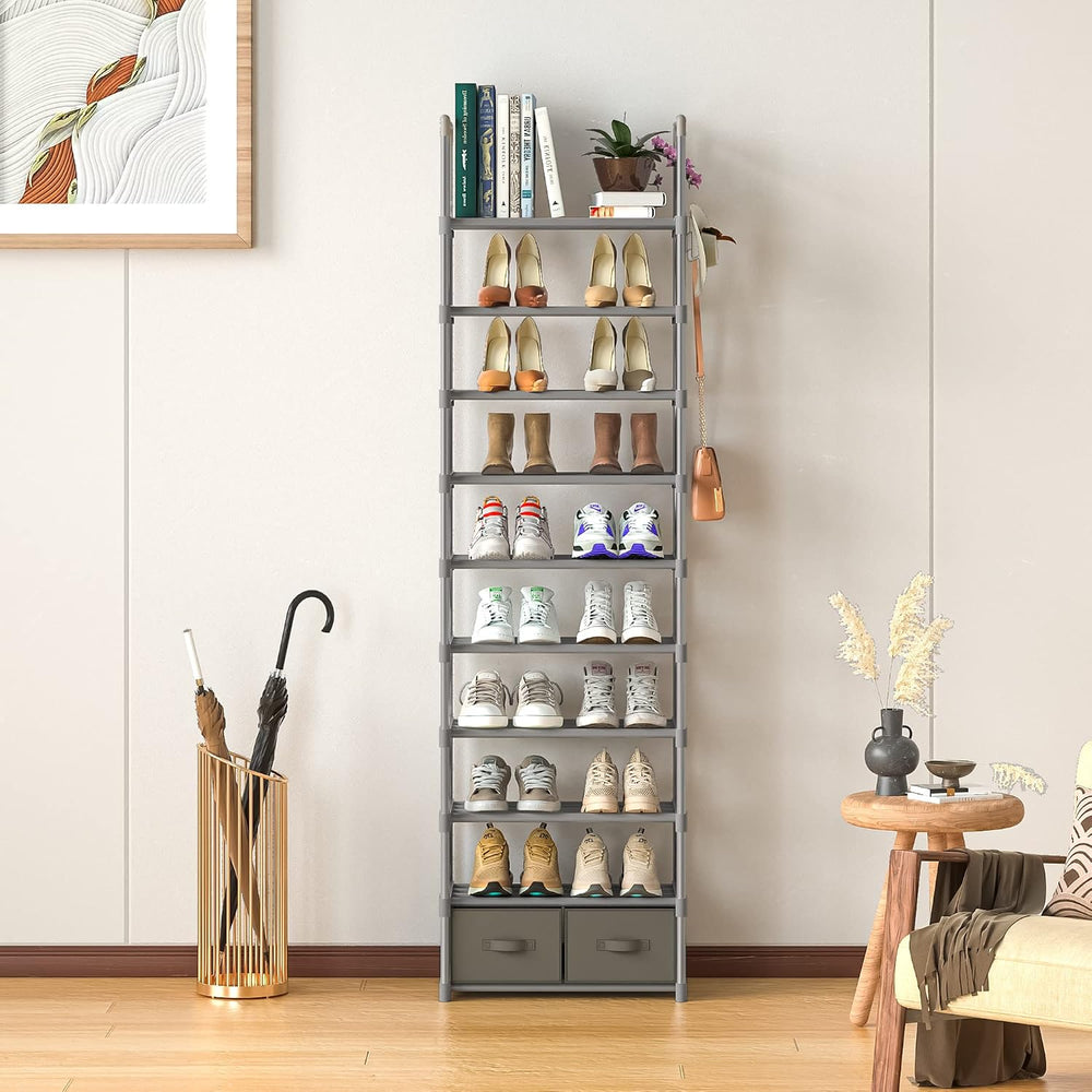 OYREL Tall Shoe Rack Narrow 10 Tier Shoes Rack 20 25 Pairs + 2 Boxes 1 Hook