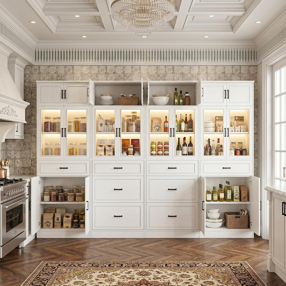 Unikito 80" Tall Modular Kitchen Pantry Cabinet with Glass Door and Drawers