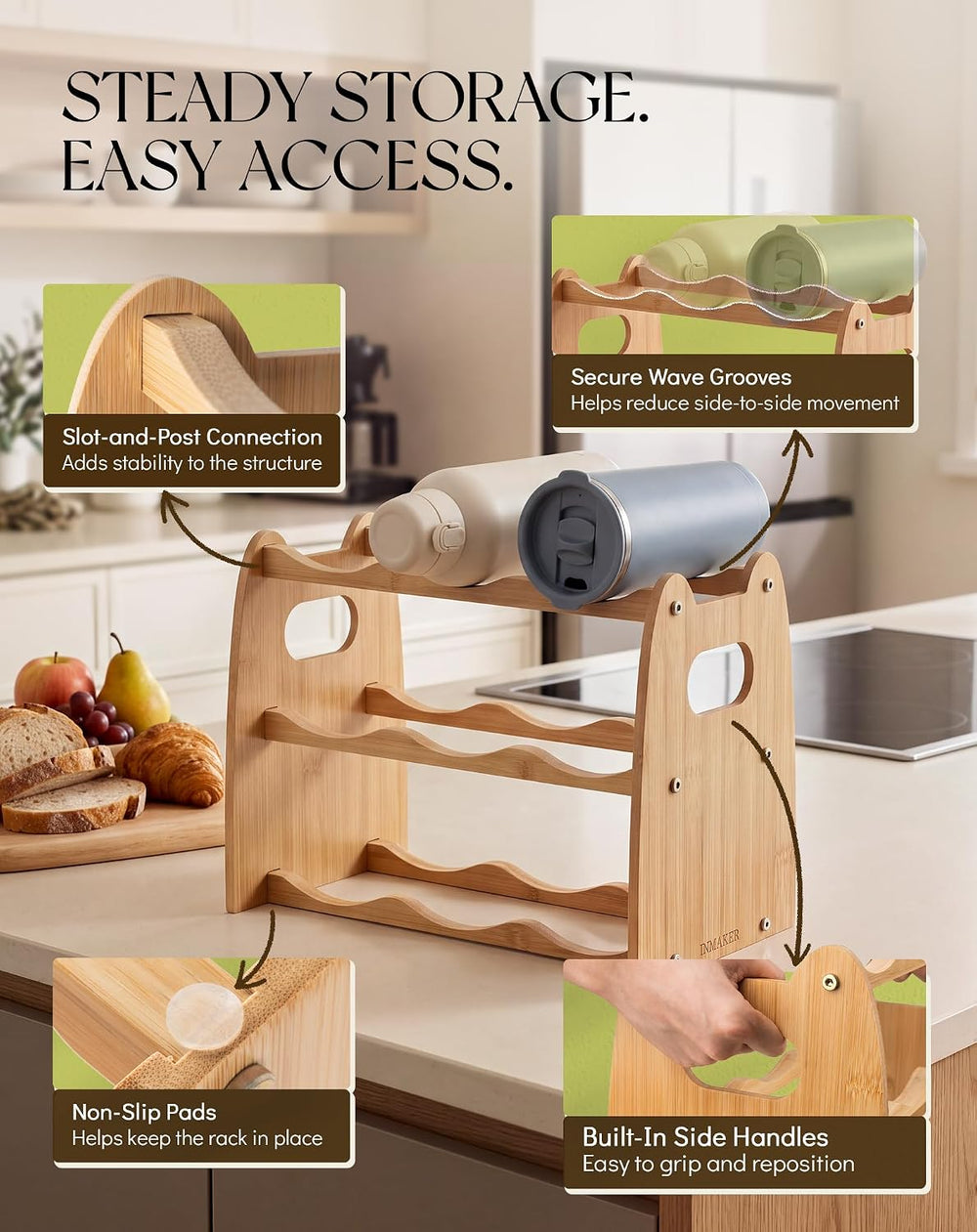 Water Bottle Organizer for Cabinet, 4 Inch Slots for 40oz Tumblers