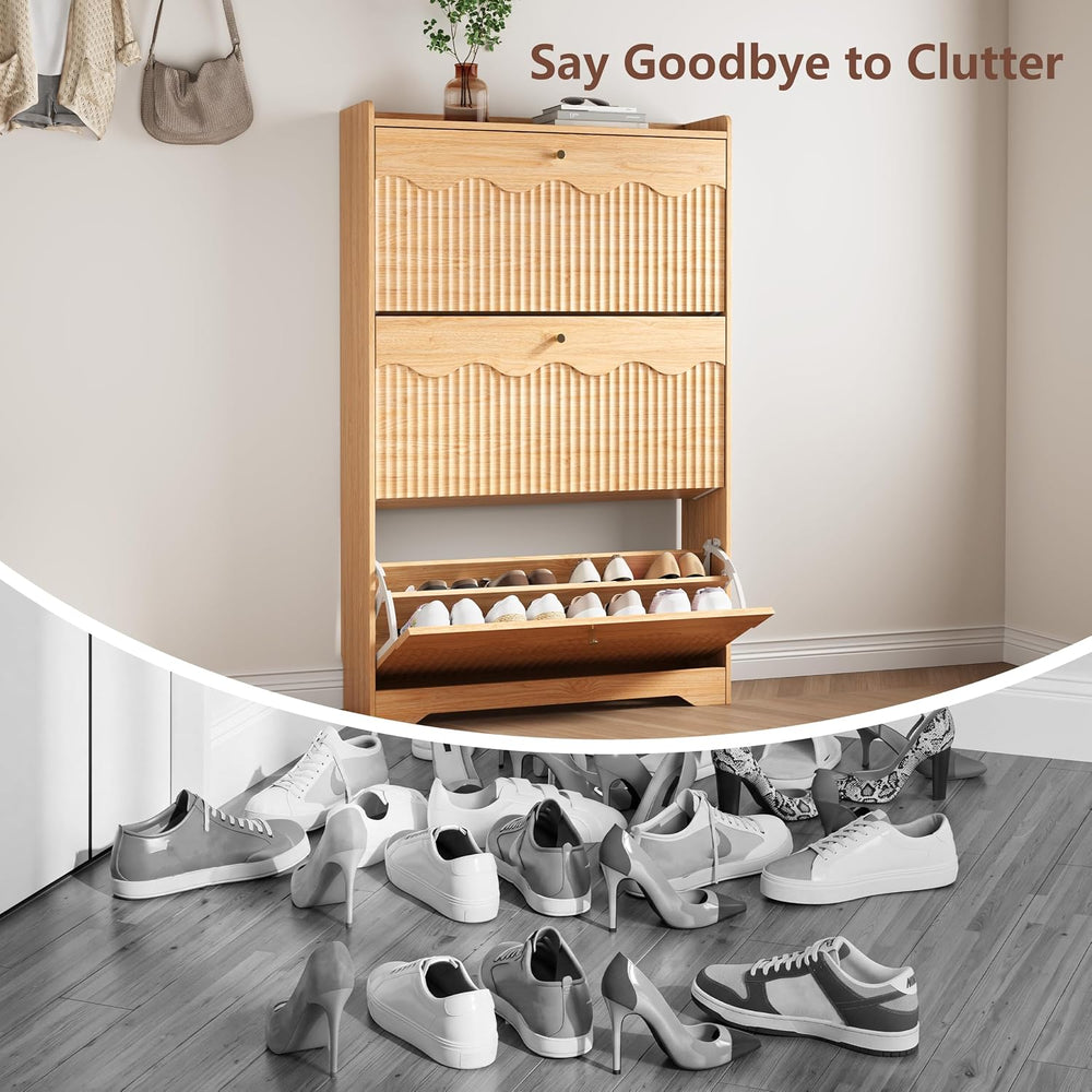 HUANLEGO Shoe Cabinet Storage for Entryway with 3 Flip Drawers, Oak