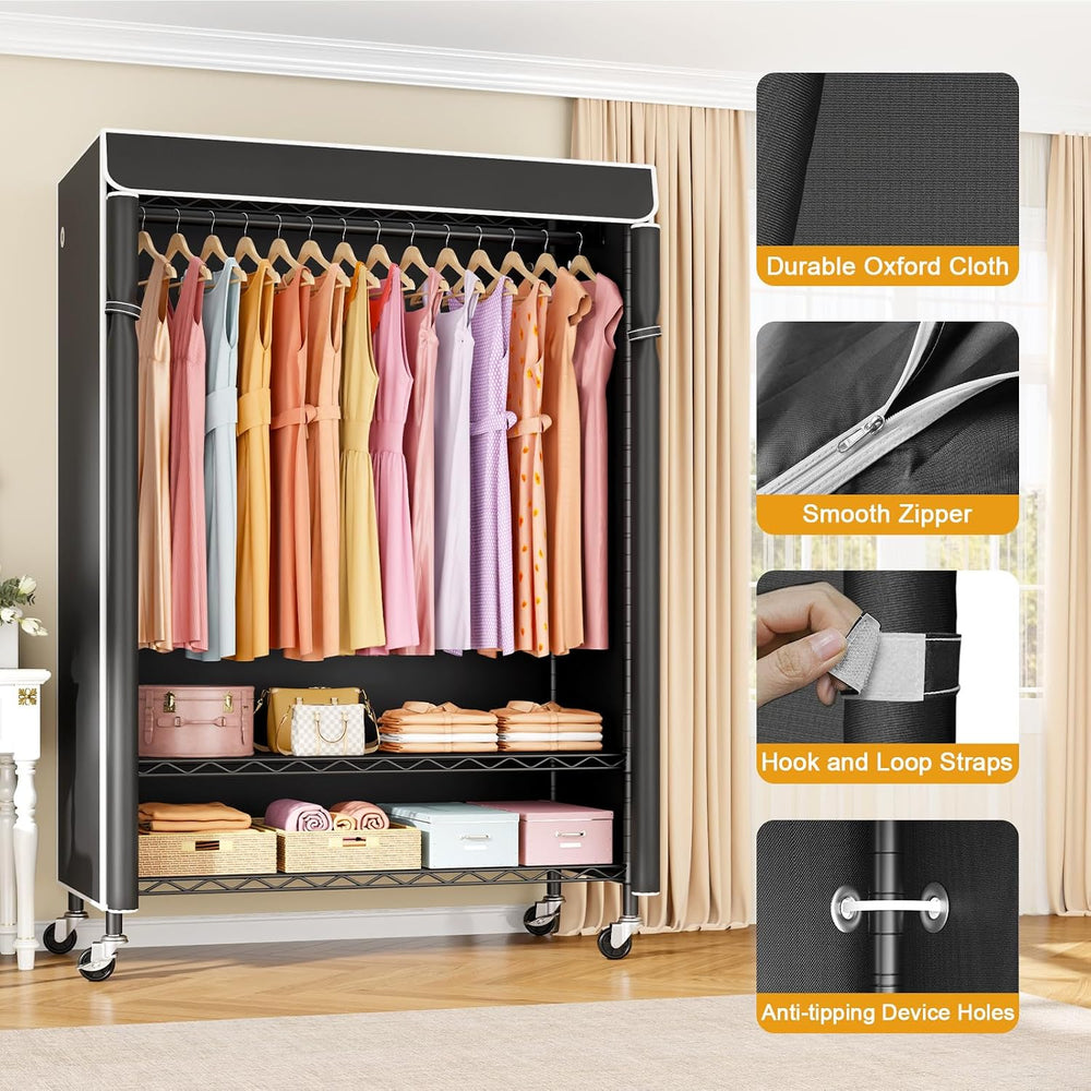 P6C Plus Rolling Clothes Rack with Cover, Covered Clothing Rack