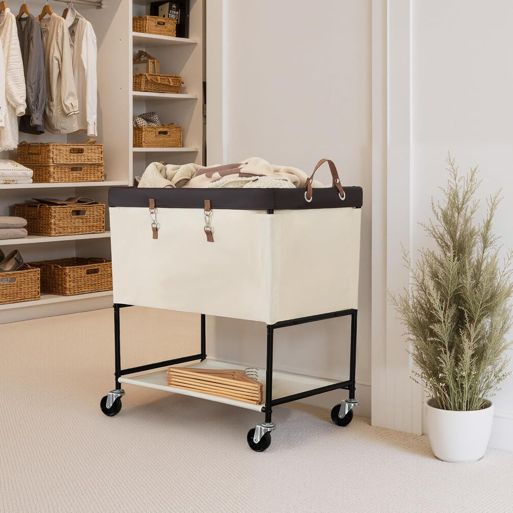 StorageWorks Laundry Cart, 2 Tier Rolling Basket with Wheels, 46 Gal, Beige