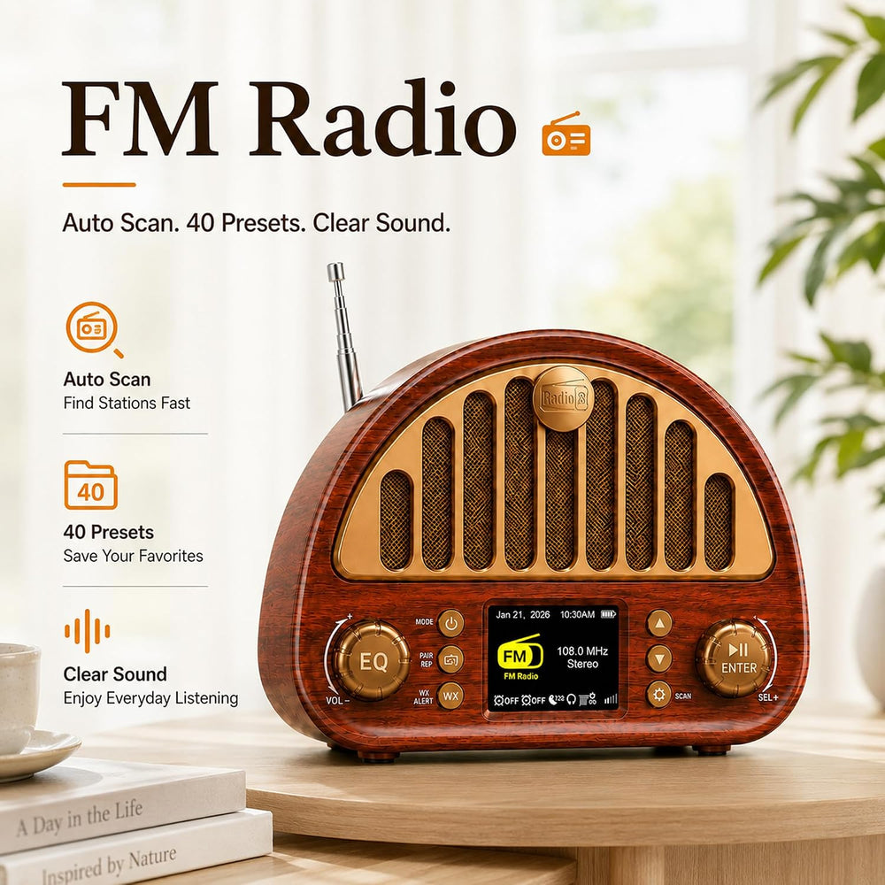 Retro Alarm Clock Radio with Bluetooth, Dual Alarms and NOAA Weather Alert