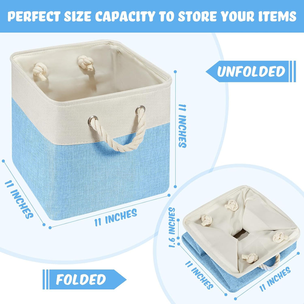 6 Pack 11x11 Inch Blue Cube Storage Bins Fabric Square Cube Baskets Handle