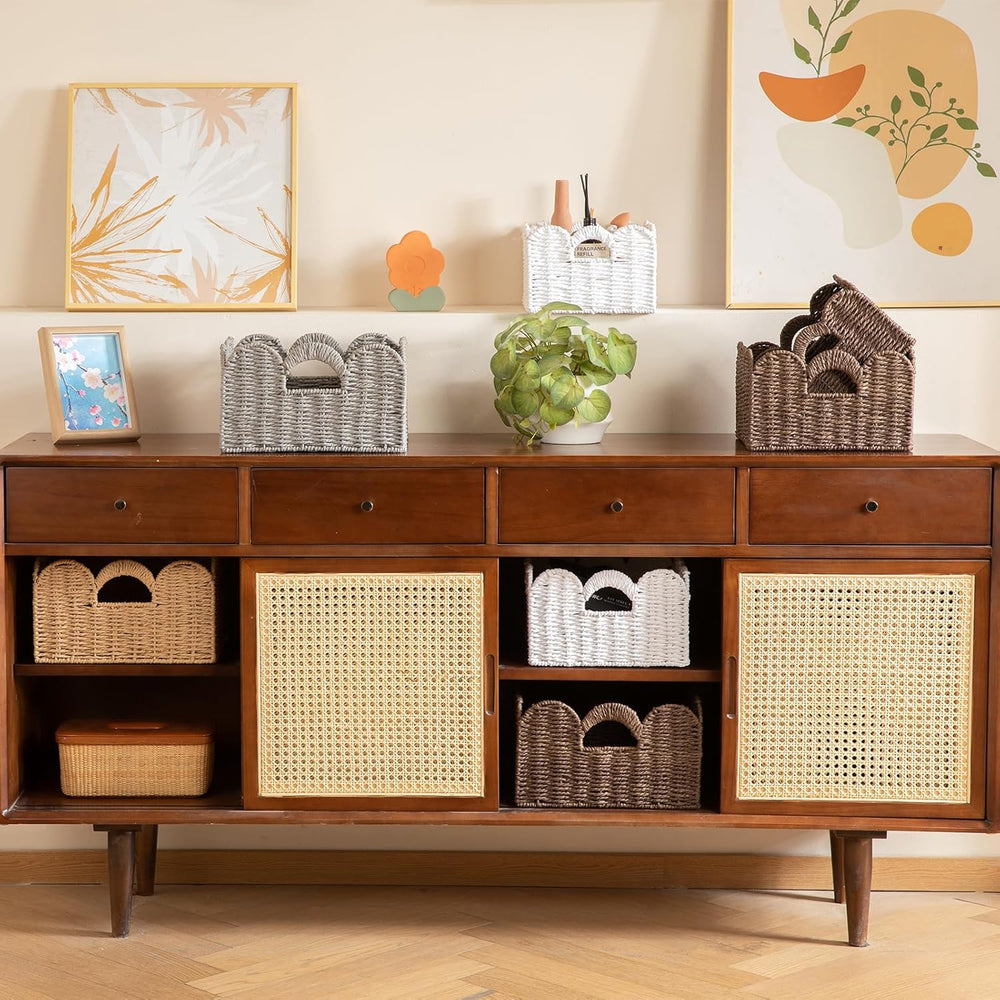 OIAHOMY Scalloped Wicker Baskets, Hand-woven Storage Baskets with Built-in Ha...
