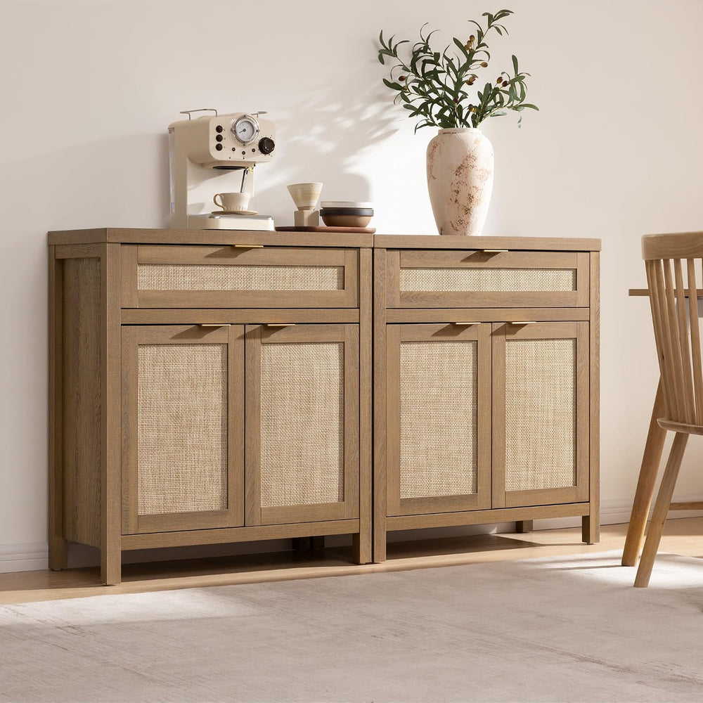 SICOTAS Sideboard Buffet Cabinet Set of 3, Rattan Credenza Storage Cabinet