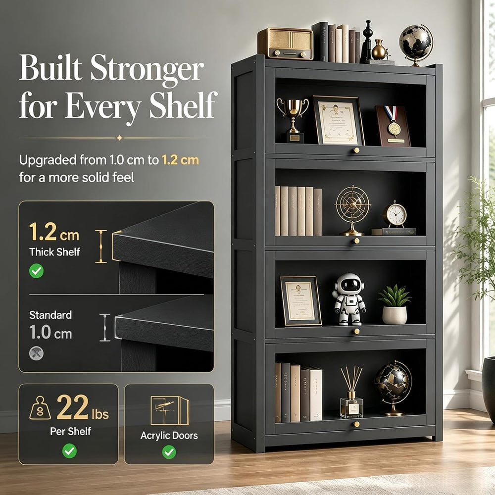 Display Cabinet with Doors, 4-Tier Bamboo Curio Cabinet for Small Space, Figu...