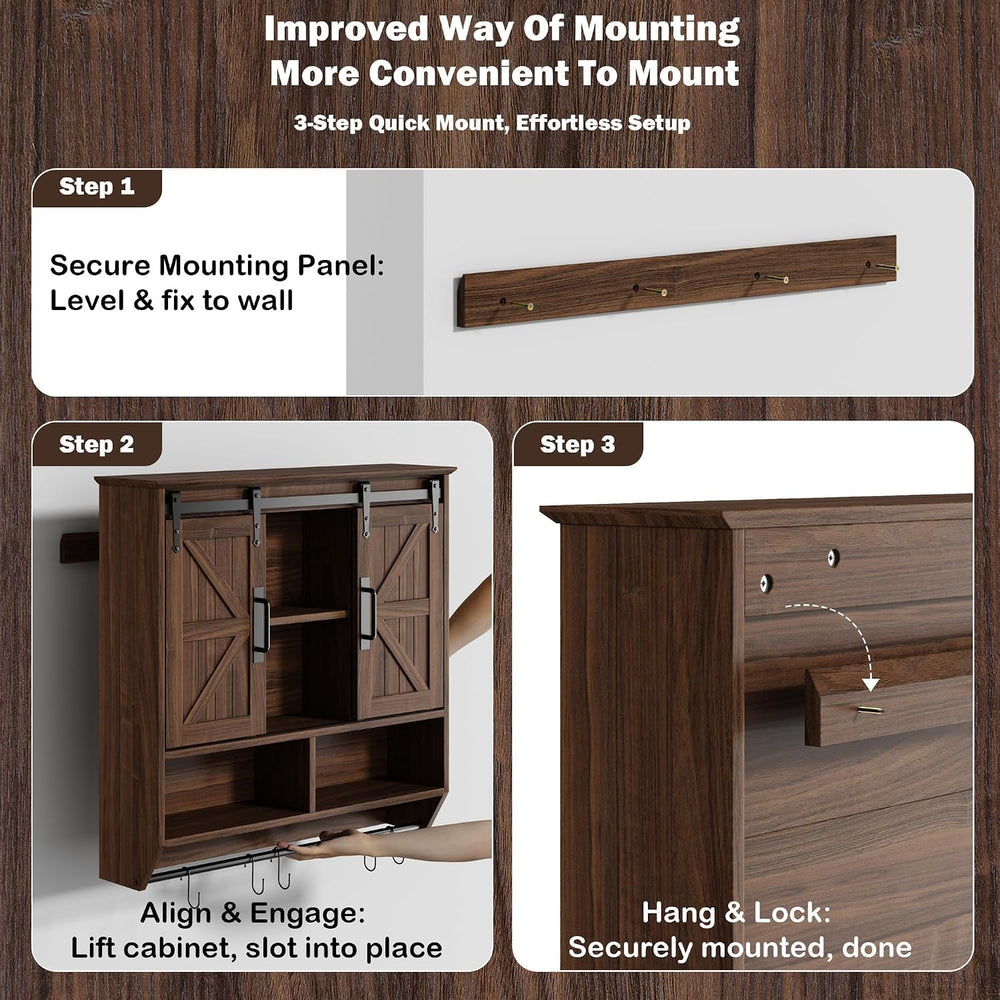 RUSTOWN Farmhouse Bathroom Wall Storage Cabinet with Sliding Barn Doors