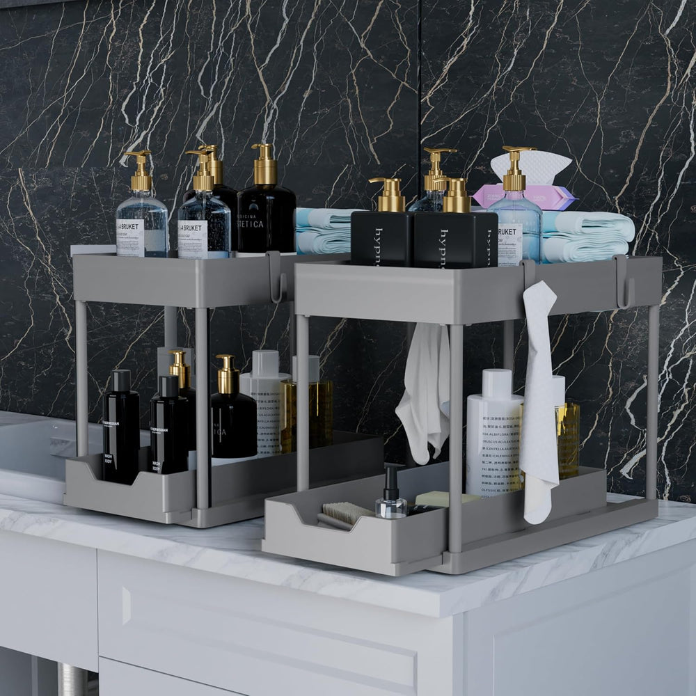 DEKAVA 2 Pack Under Sink Organizer, 2-Tier Sliding Cabinet Basket, Grey
